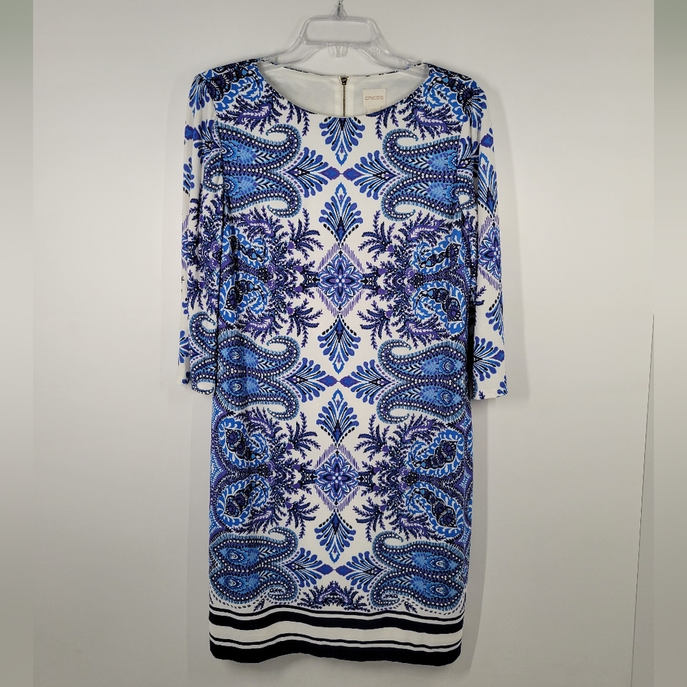 Chicos Blue Paisley Geo Print 3/4 Sleeve Back Zip Dress Size 1 Petite US 4 NWT